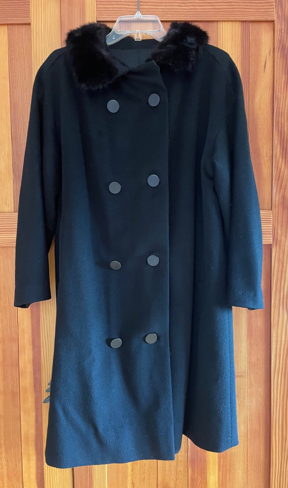 Vintage 50s/60s long black coat, faux fur collar, no size tag see measurements