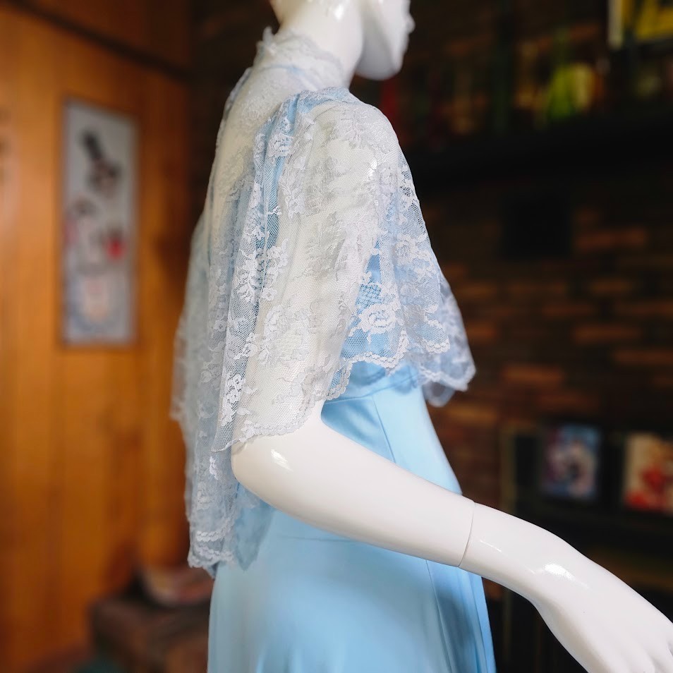 Vtg 70s Victorian Revival High Lace Neck Powder Blue Capelet Maxi Gown Dress S/M
