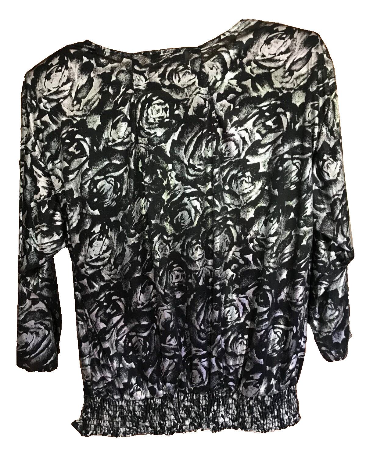 Jeri Marque Metallic Silver Foil Floral Blouson Top Smocked Waist