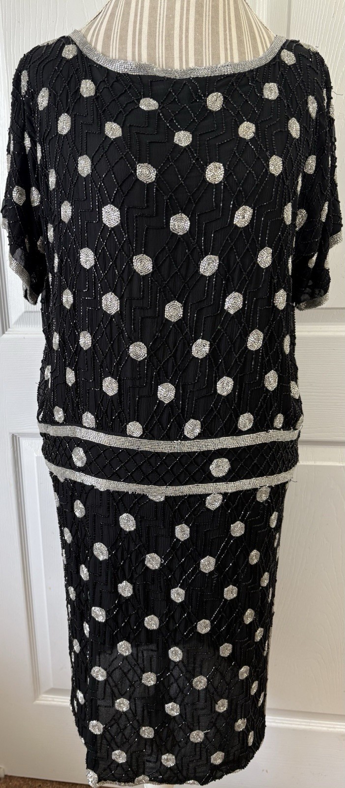 Judith Ann Creations 80s Does 20s 100% Silk Beaded Drop Waist Spider Web Dress M