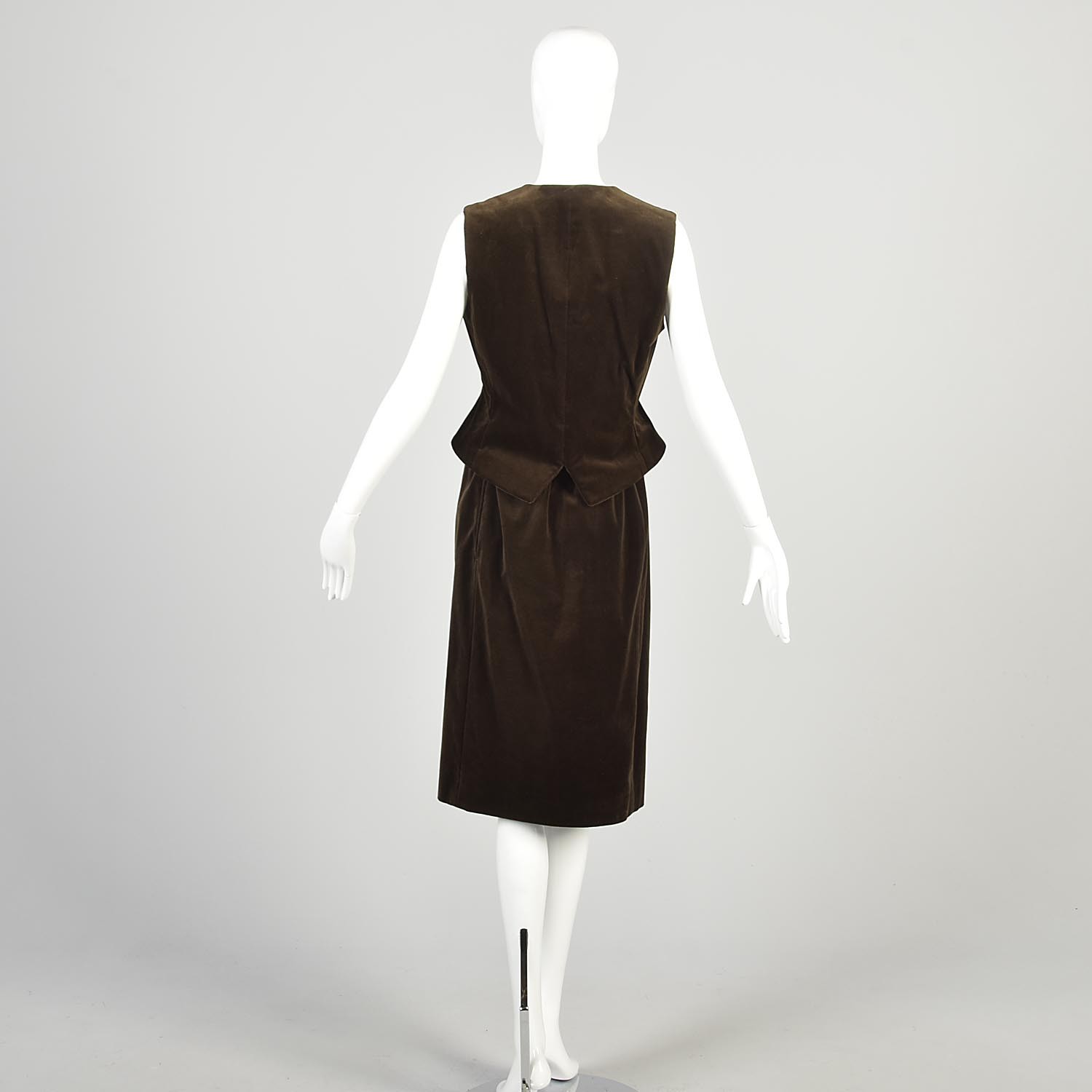 Small 1970s Halston Brown Velvet Two Piece Set Vest and Skirt Button Up Vest