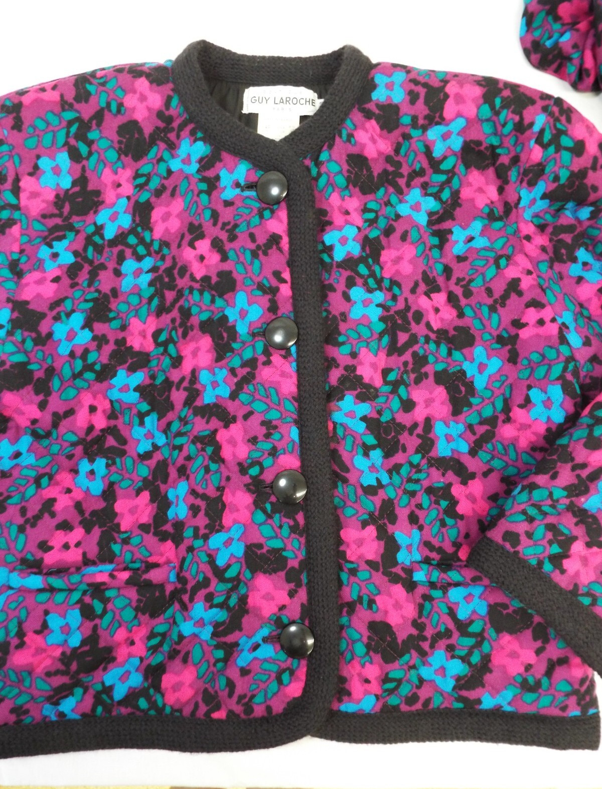 Vintage 1980 GUY LAROCHE Boutique Wool Skirt Suit Quilted Jacket 40 PARIS Floral