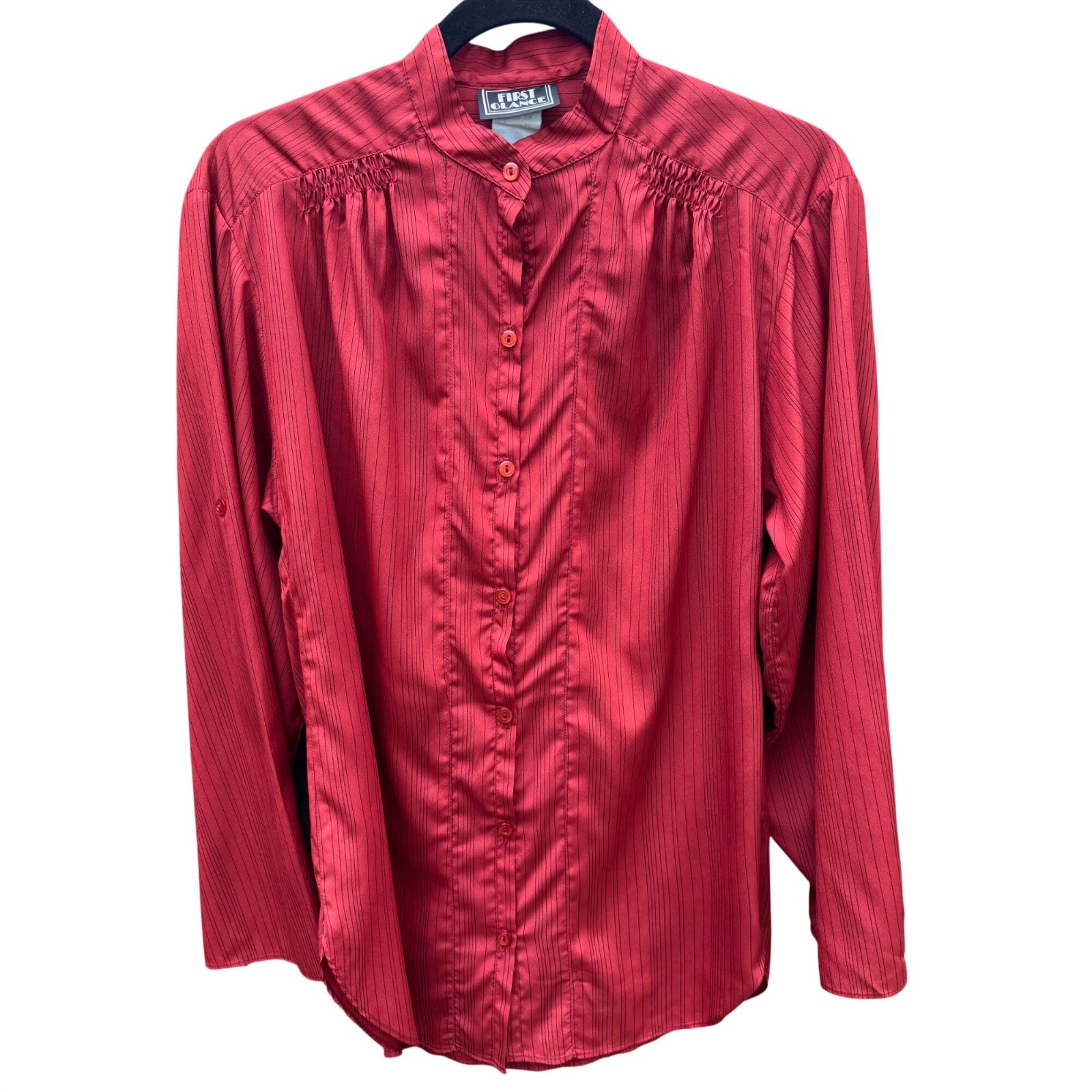 First Glance Vintage 80s Secretary Core Pinstripe Smocked Pinstripe Blouse L