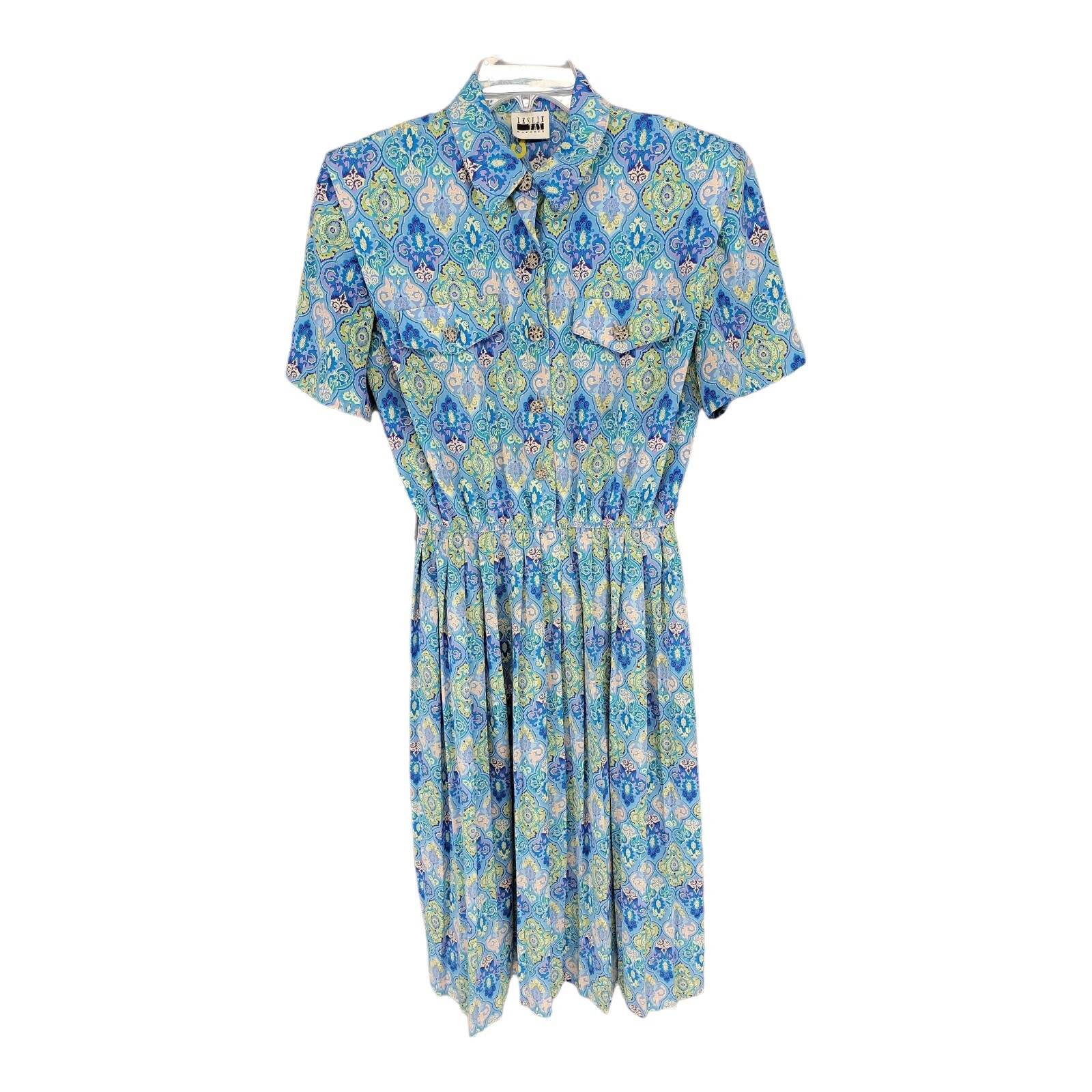 Leslie Fay Womens Dress14 Midi Everyday Blue Medallion Housewife Vintage