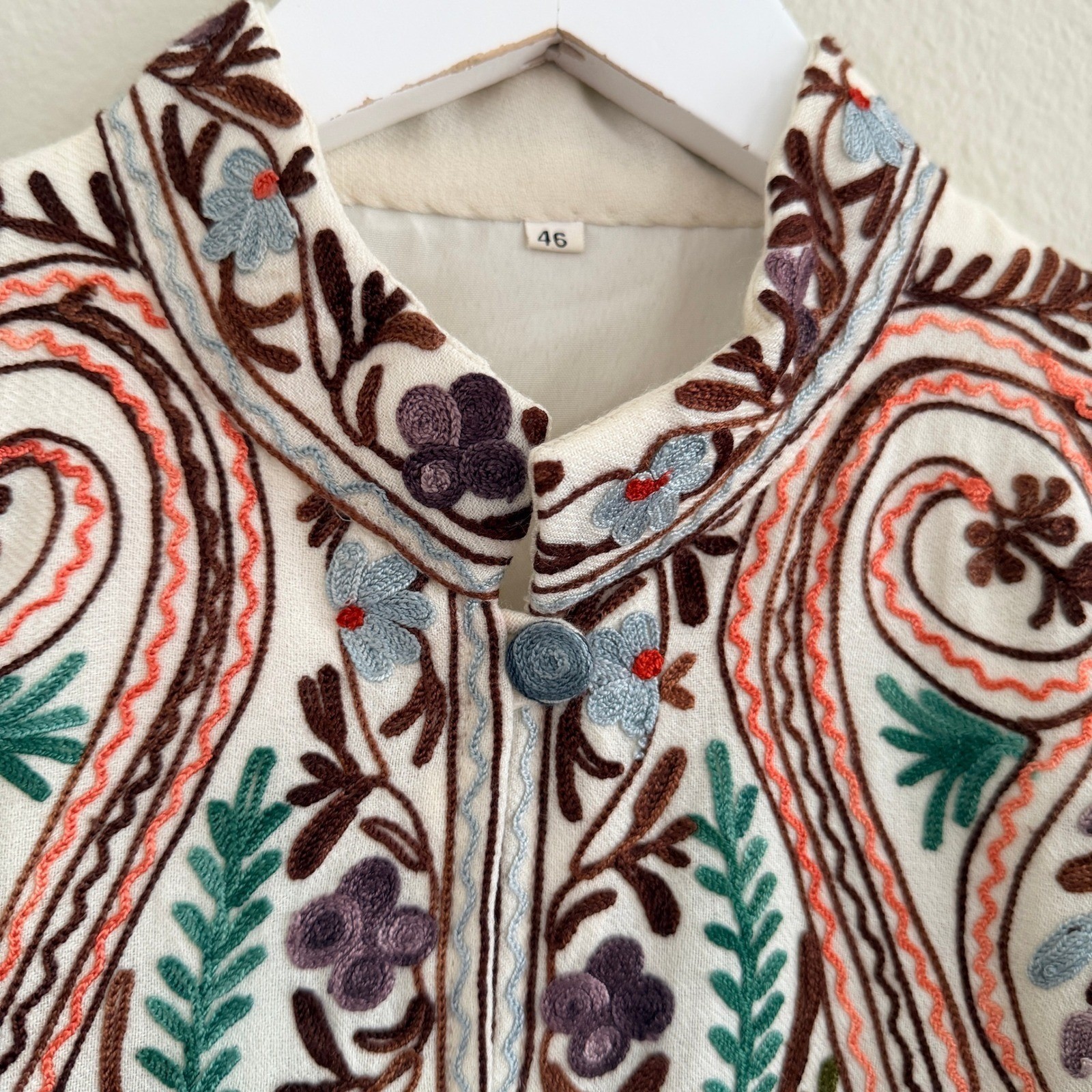 Woolen Coat Long Jacket Off-White, Multicolor Embroidery Size 46 (14, XL) Boho