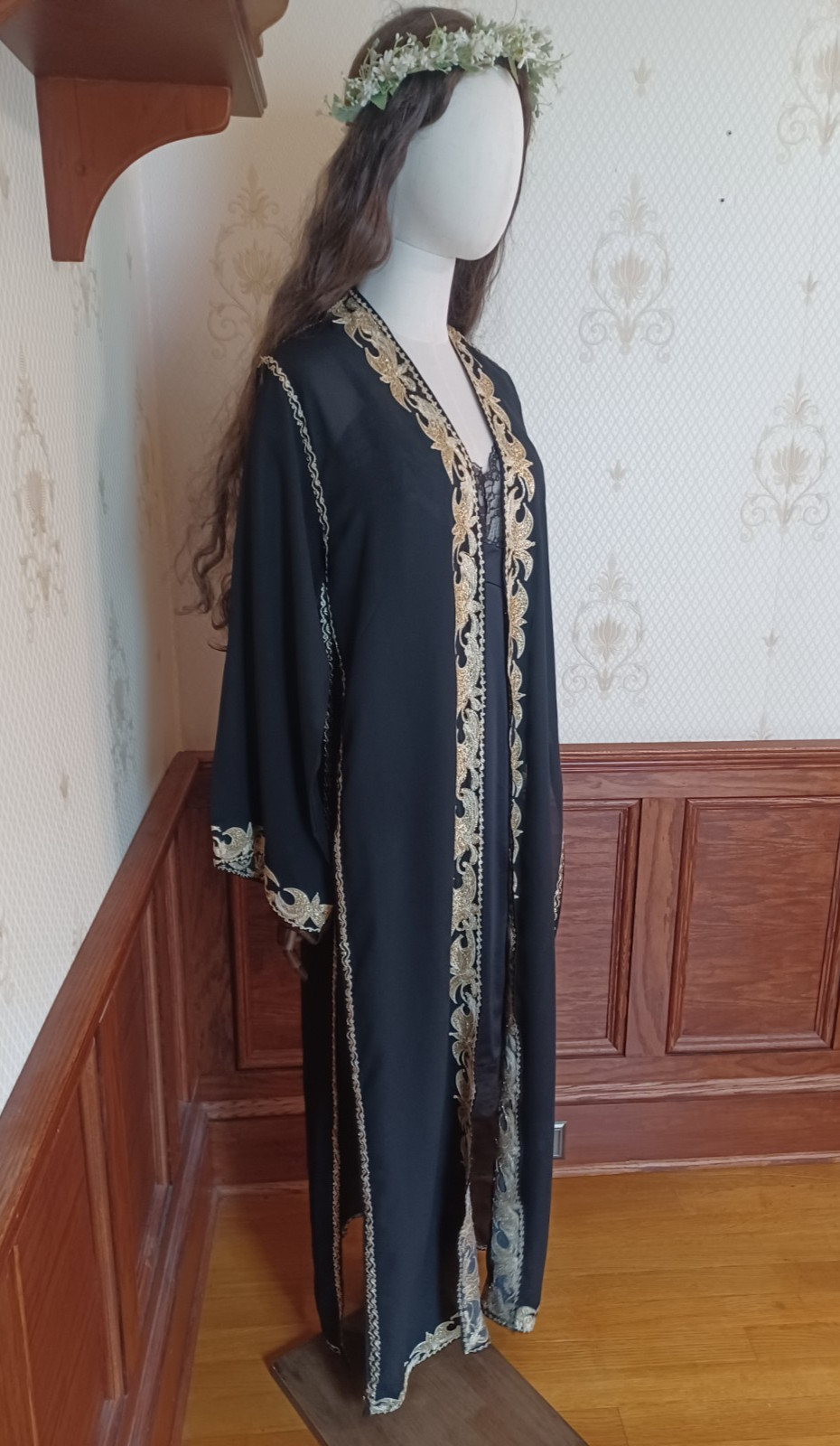 Vintage 1960s Black Gold Sheer Open Front Boho Hippie Caftan Coat/ Sleeved Cloak