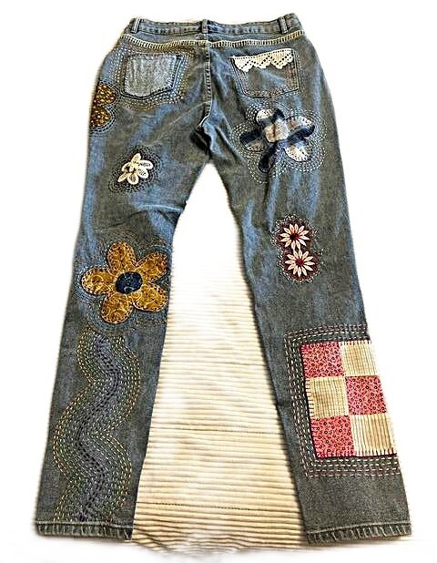 Totally hand patched embroidered upcycled custom Womens jeans 1 of a kind – Med