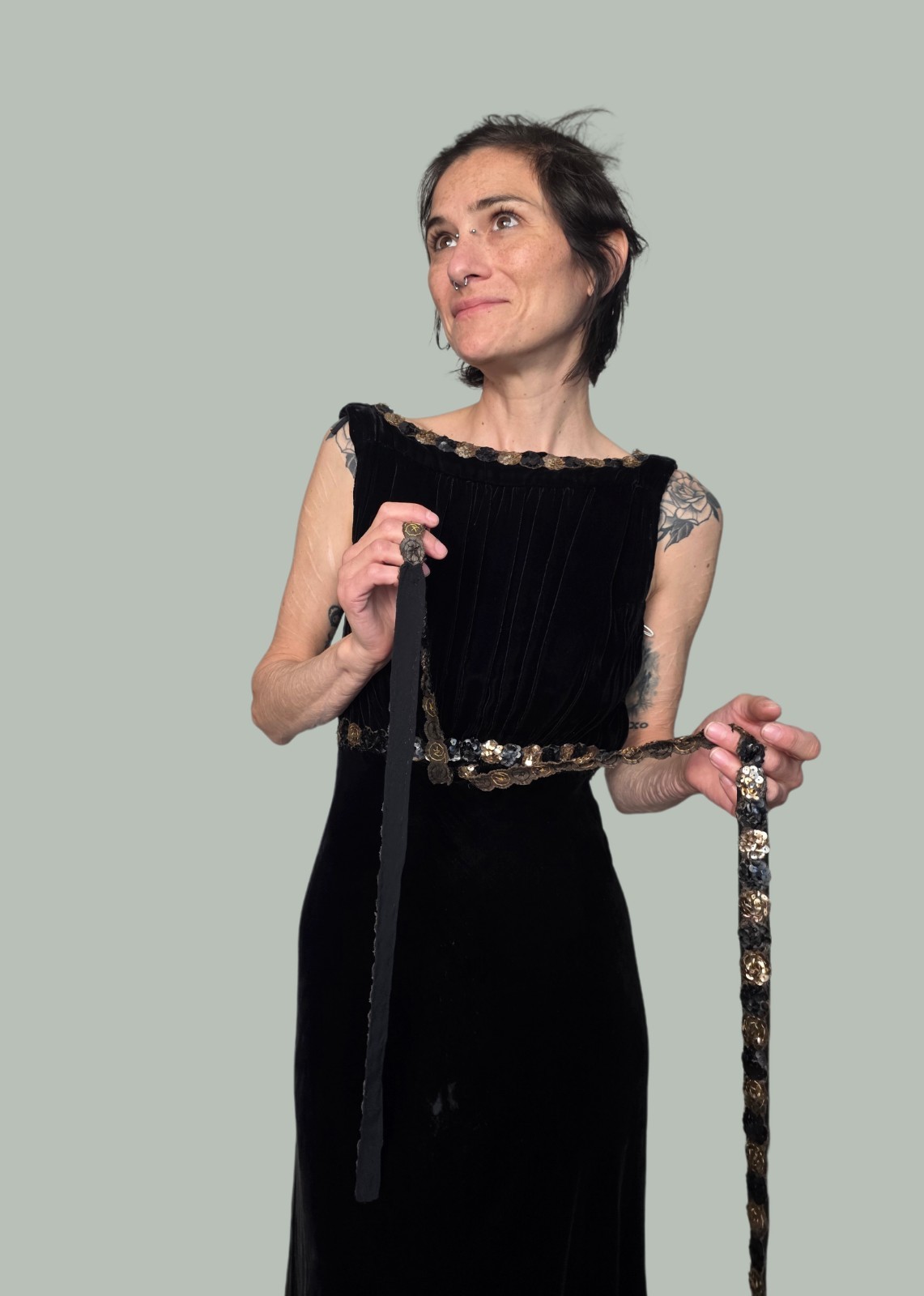 Authentic 1930s Black Velvet Evening Gown | Sequin Trim & Sash | Old…