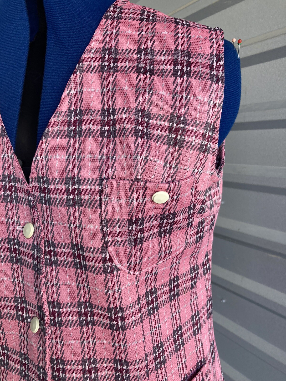 Vintage Pink Plaid Vest Button Down With Pockets 40 Inch Chest Handmade
