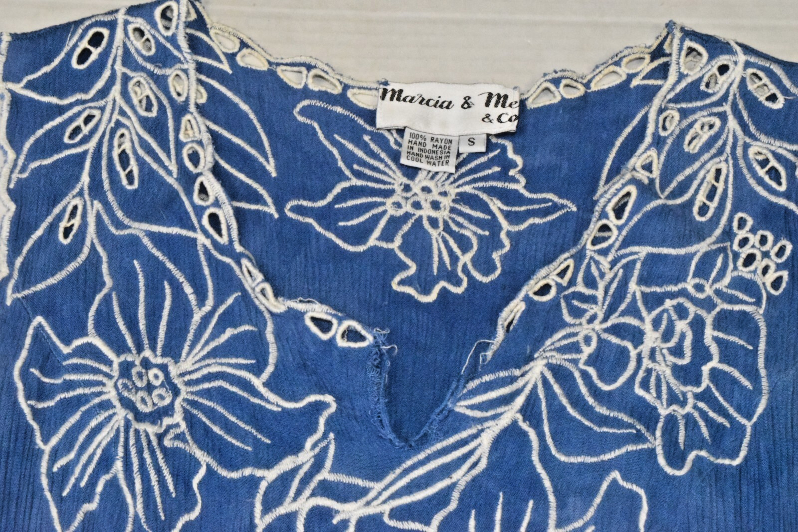 Vintage Dress Marcia and Me Size S 90s Ocean Blue Rayon Crinkle Embroidered Trim