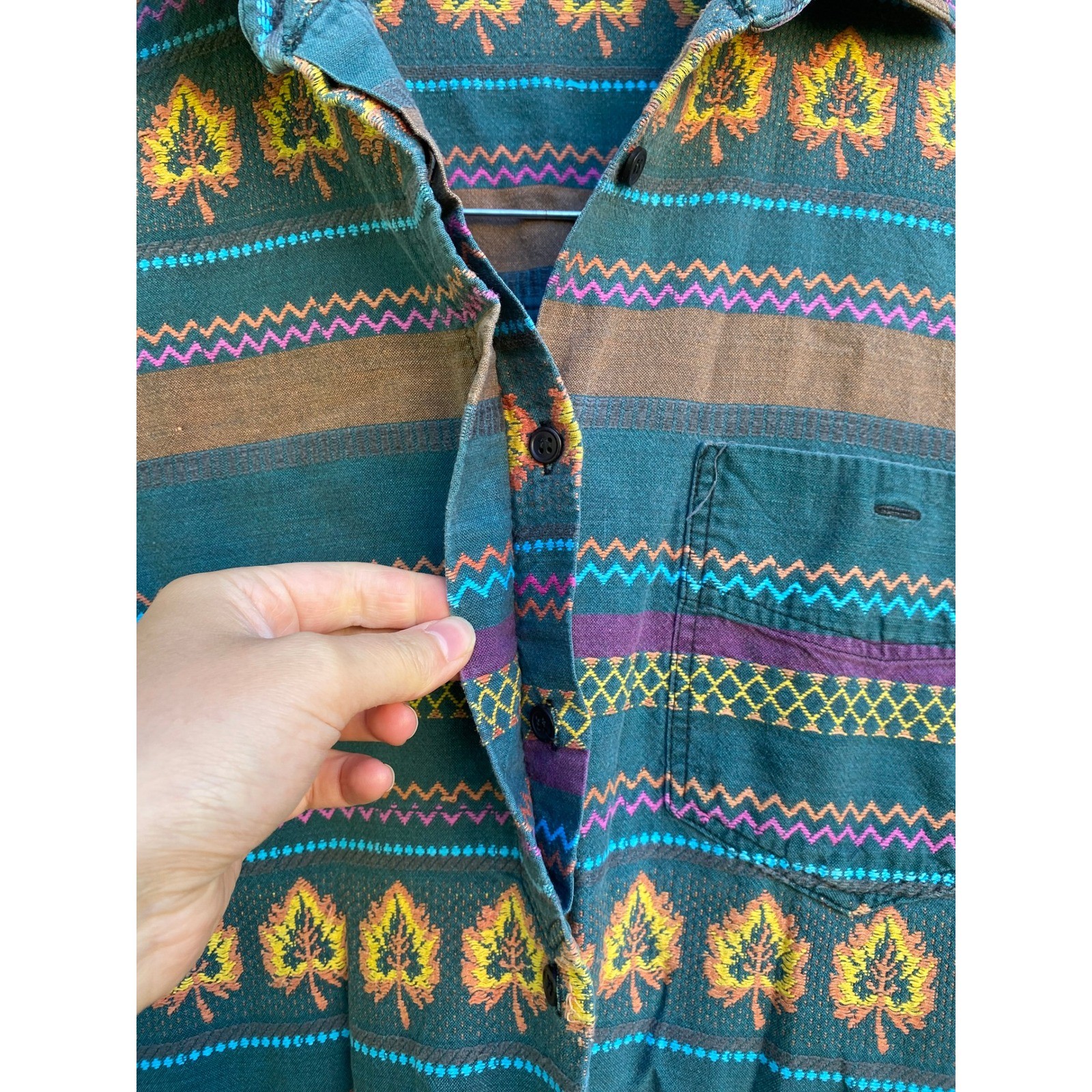 Vintage Southwestern Woven Leaf Button Down Shirt Medium Boho Western Granola
