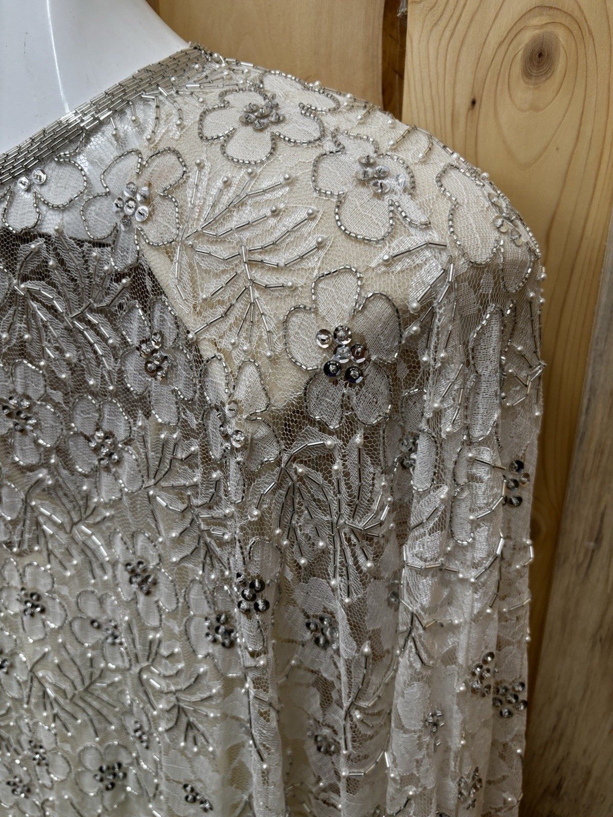 Judith Ann Creations Vintage Ivory Lace Sequin Drop Waist Dress Size Large