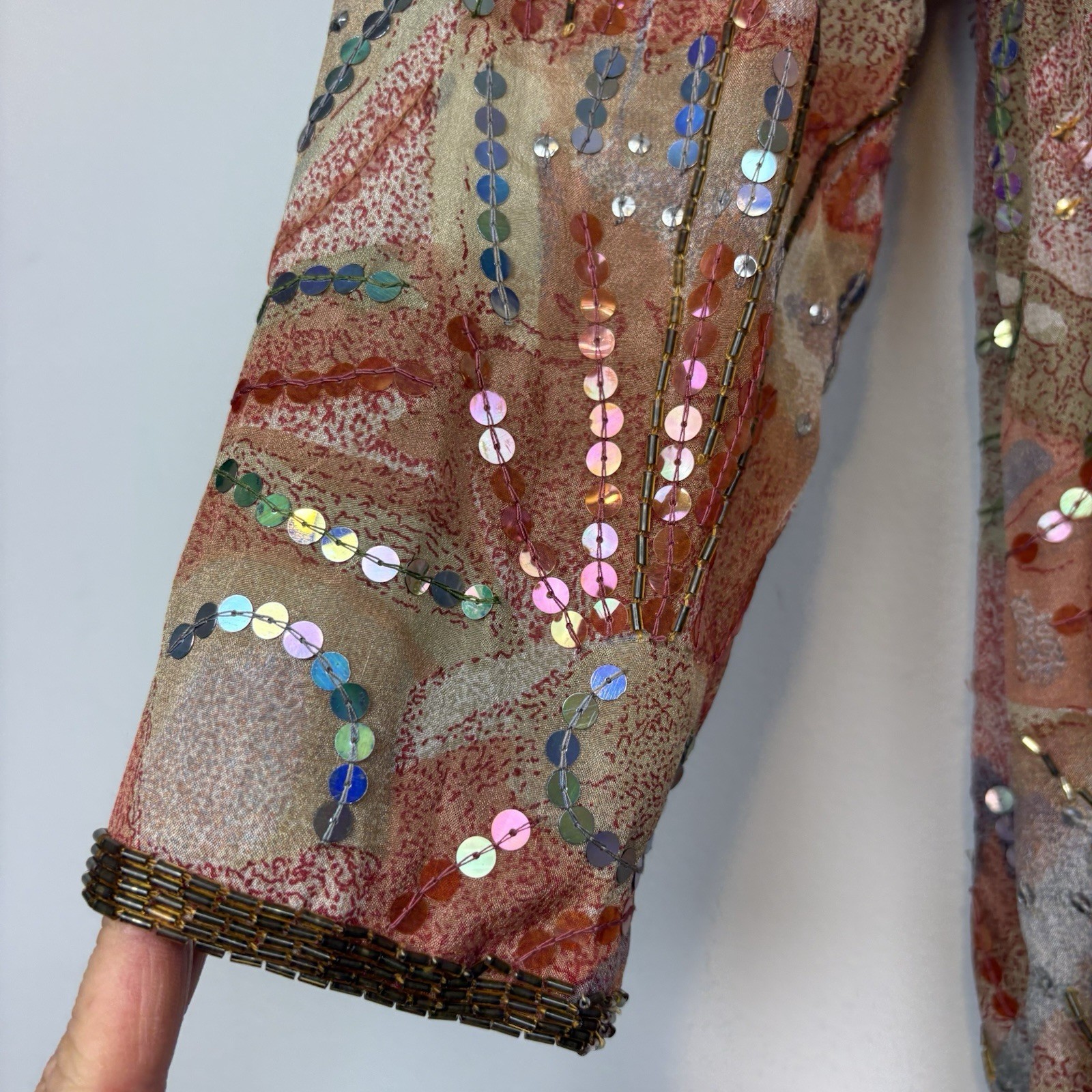 Vtg Judith Ann Creations Sequin 100% Abstract Silk India Long Sleeve Dress