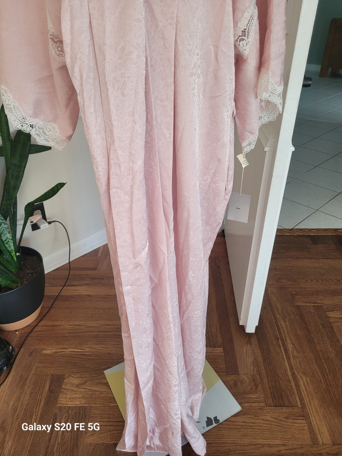 vtg 1980s NWT Christian Dior Pink Satin Feel Jacquard Robe with Lace Details