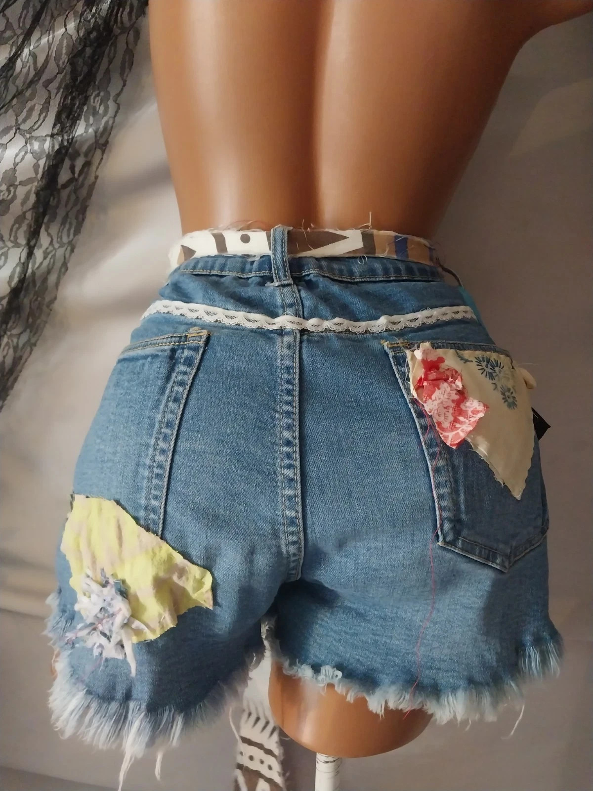 Vtg FRINGE CROCHET REWORKED ART TO WEAR DENIM SHORTS PATCHWORK BOHO HIPPY S