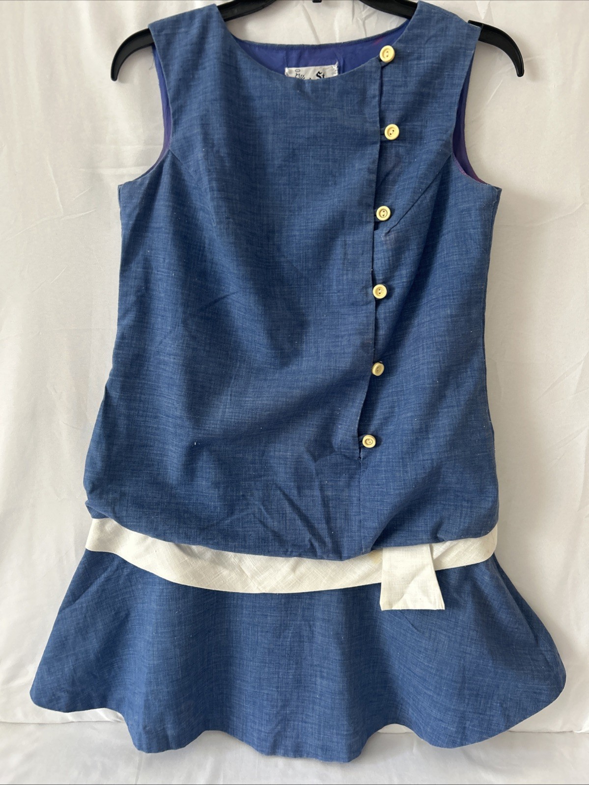 Vintage 1960 St. Roque Chambray Button Up Drop Waist Mini Shift Dress Size-S