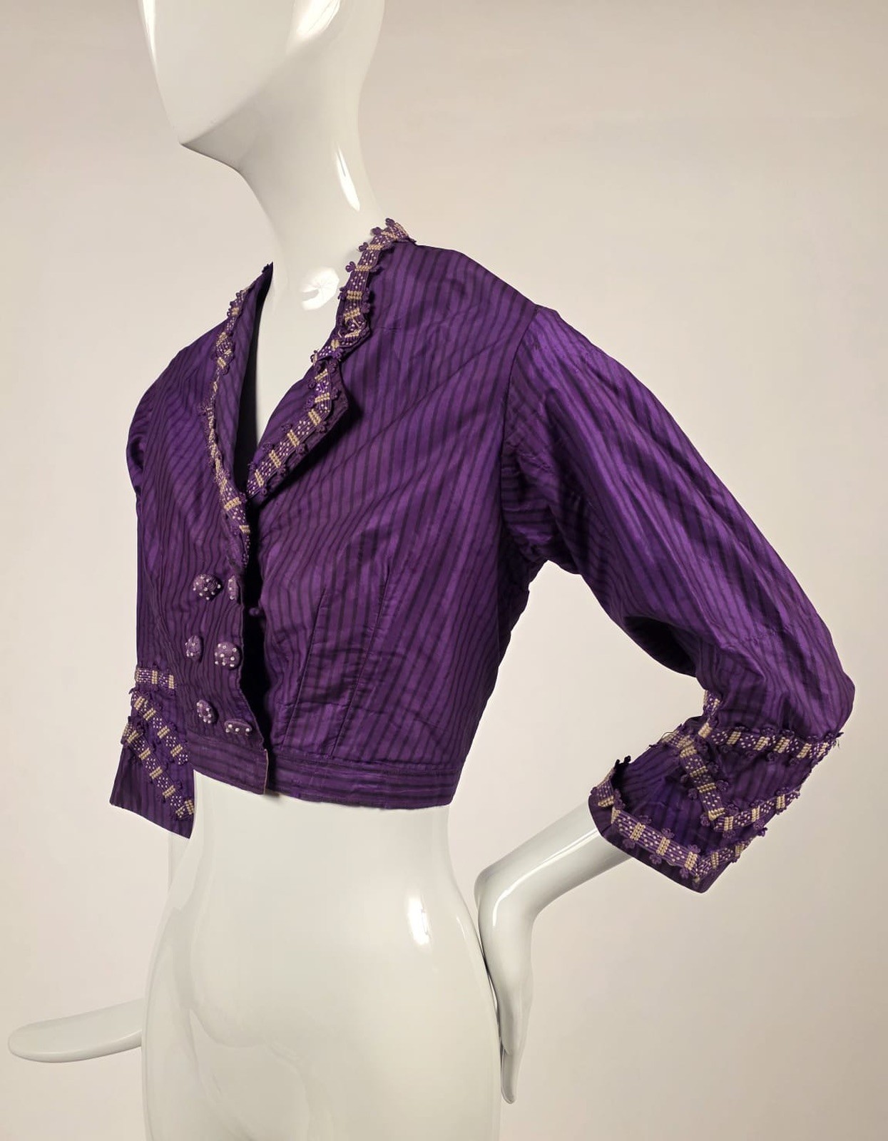 VICTORIAN PINSTRIPED PURPLE SILK TAFFETA BODICE W BRAID + BEADED BUTTONS