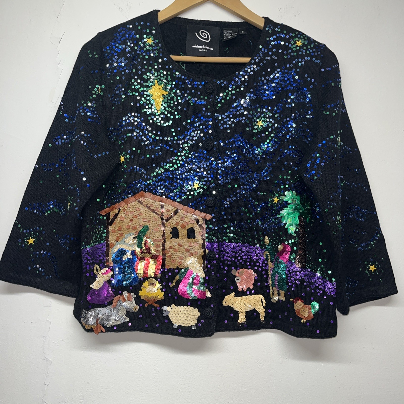 2001 VTG Michael Simon Event Nativity Scene Sequin Sweater Cardigan S