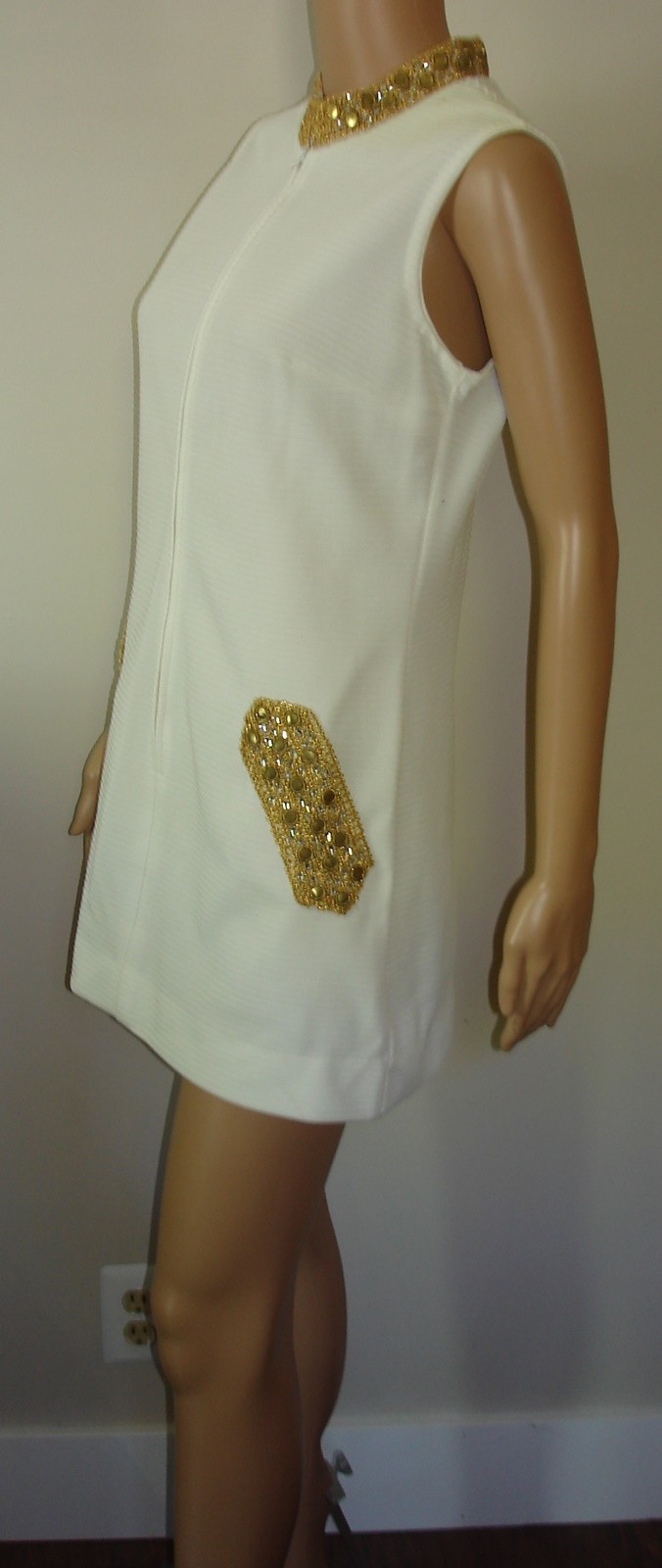 Vtg Cabot Mini Dress Rhinestone Collar & Faux Pocket Details Textured Polyester