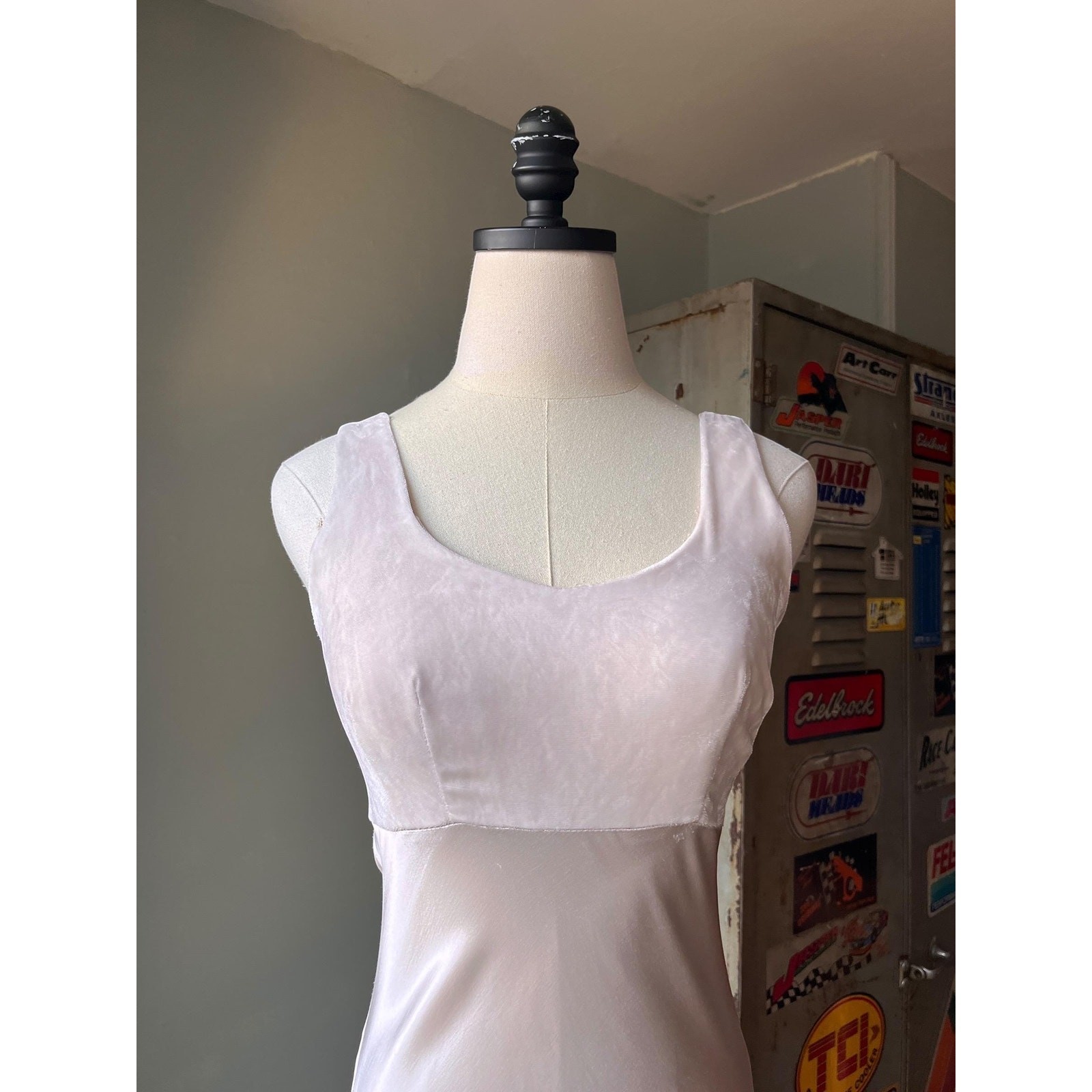 Vintage 90s Champagne Satin Slip Dress | Velvet Bust | Bridalcore gown | XS
