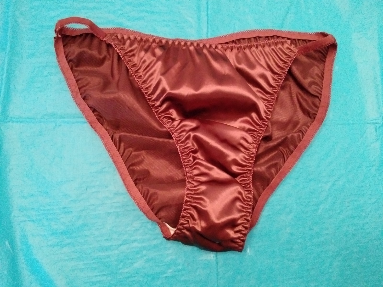 Panties String Bikini Lingerie Glossy Satin Second Skin L Copper Stretchy