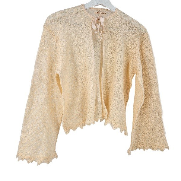 Vintage 70&rsquo;s Y2K Cardigan Sweater Pink Hand Knitted New Wool Lace Babydoll Sz M