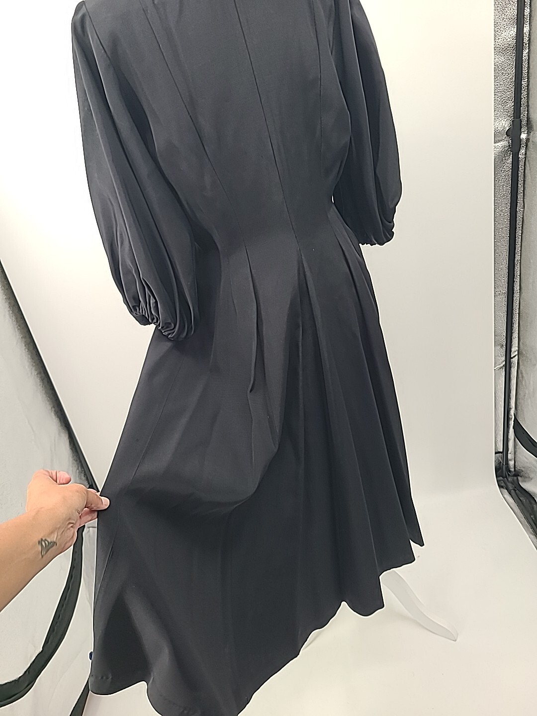 Rare VTG 1930s 40s Button Down Dress, Black With Bubble Sleeves & Full Skirt, LG