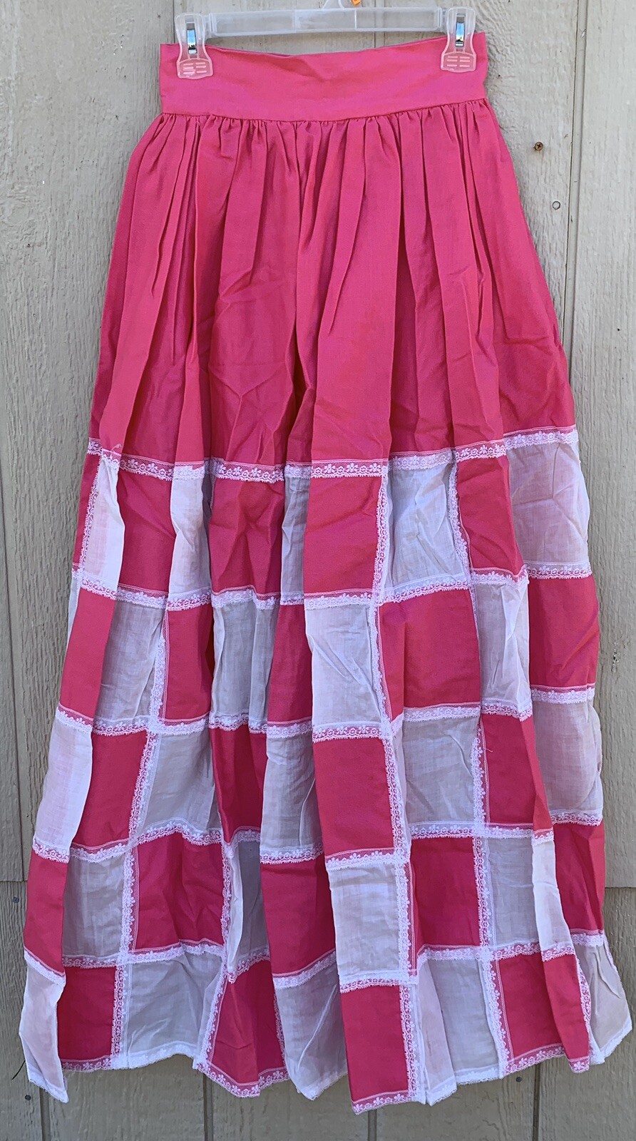 Vintage Marianne Pink & White Patchwork W/ Lace Maxi Skirt Hippie Boho 26” Waist