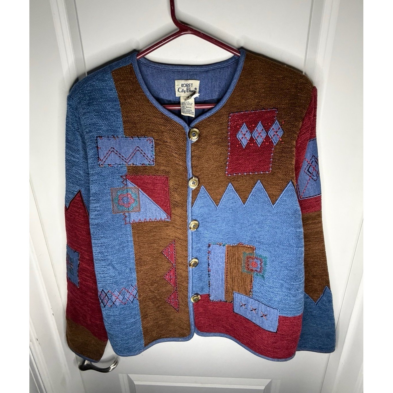 Vintage 90&rsquo;s Koret City Blues Patchwork Abstract Cardigan Sweater Women&rsquo;s Large