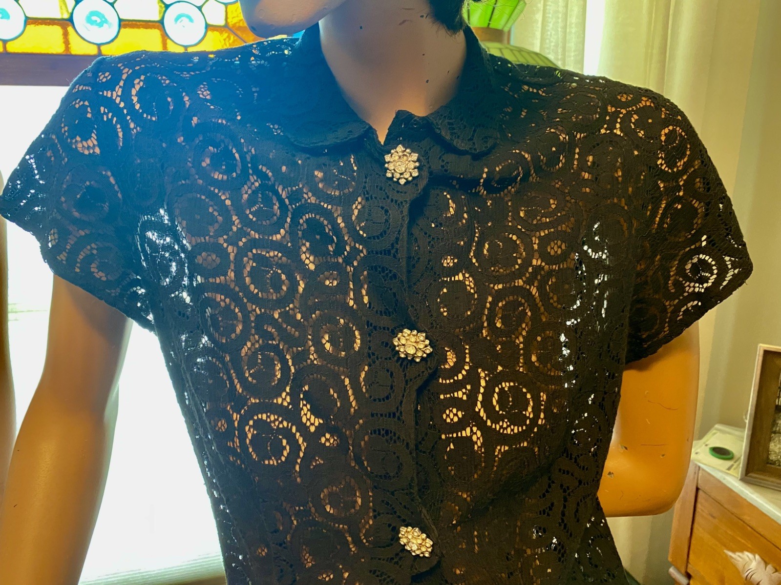 Vintage 50s black cotton lace button up blouse rhinestone buttons 36” bust