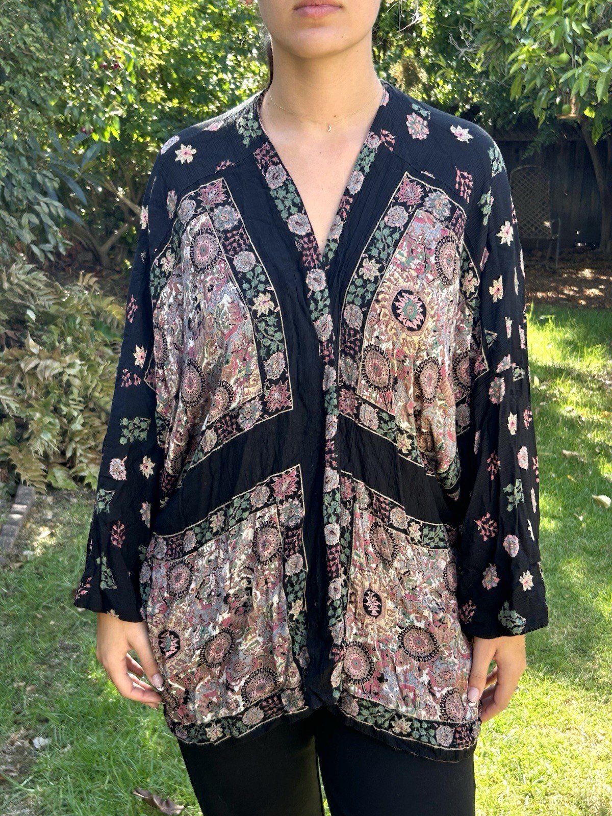 Platinum By Dorothy Schoelen O/S Boho Open Front Jacket Floral Art To Wear