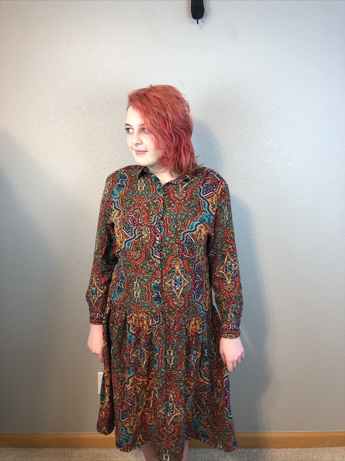 Vintage Forenza Paisley Dress Size M in Brown/Copper/Turquoise w/Shoulder pads