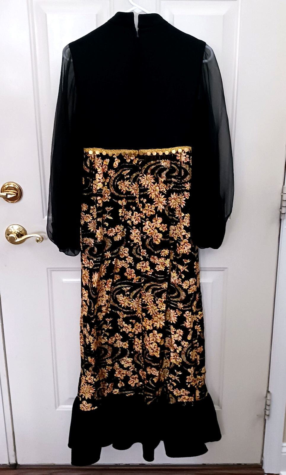 Vintage 60s 70s Hostess Dress Black Floral Long Size Small Mod Gold Metallic