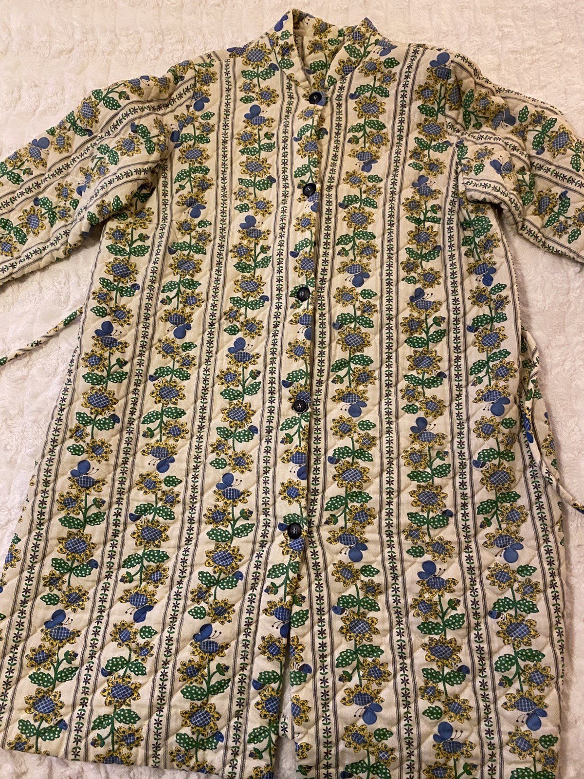 VTG Sunflowers Handmade Drab Peasantcore Belted Robe House Coat SZ XL