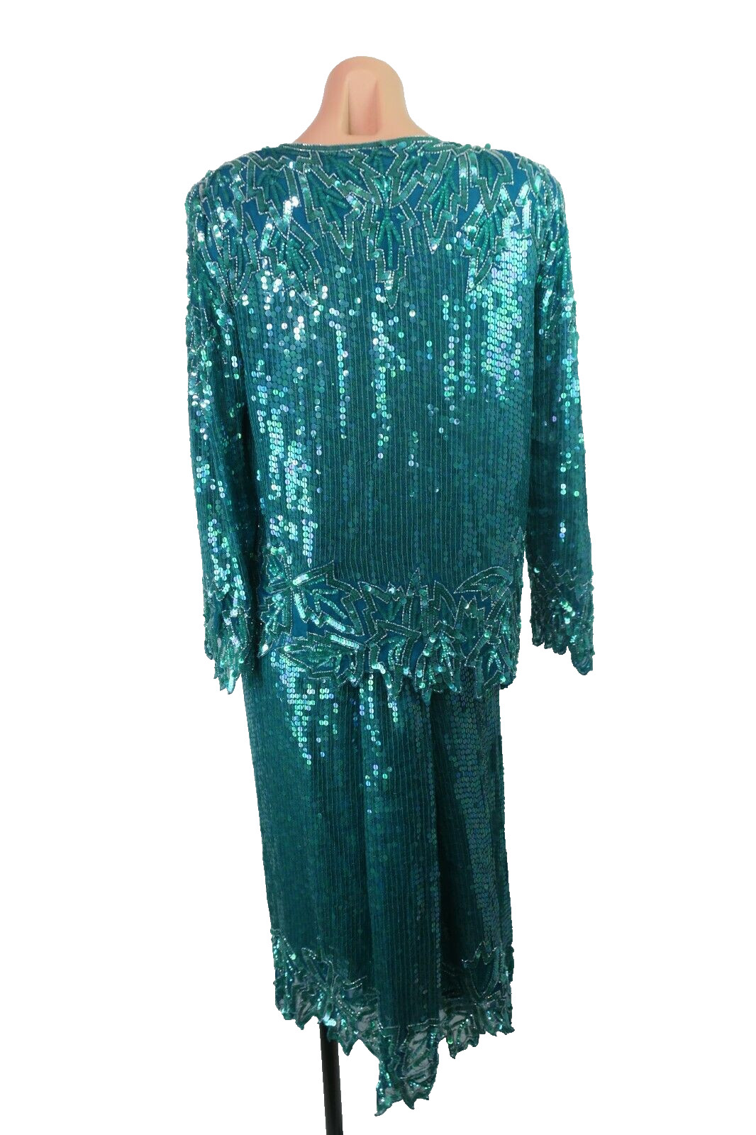 VTG Scala Gatsby Flapper Evening Top Skirt Set Sequin Silk 2-PC Short Sleeve M