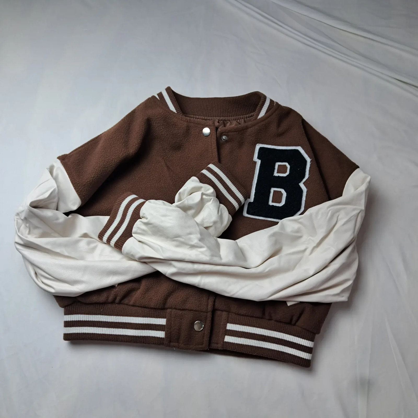 Love Tree Womens Small Brown Letterman Varsity Jacket Wool Blend Faux Leather