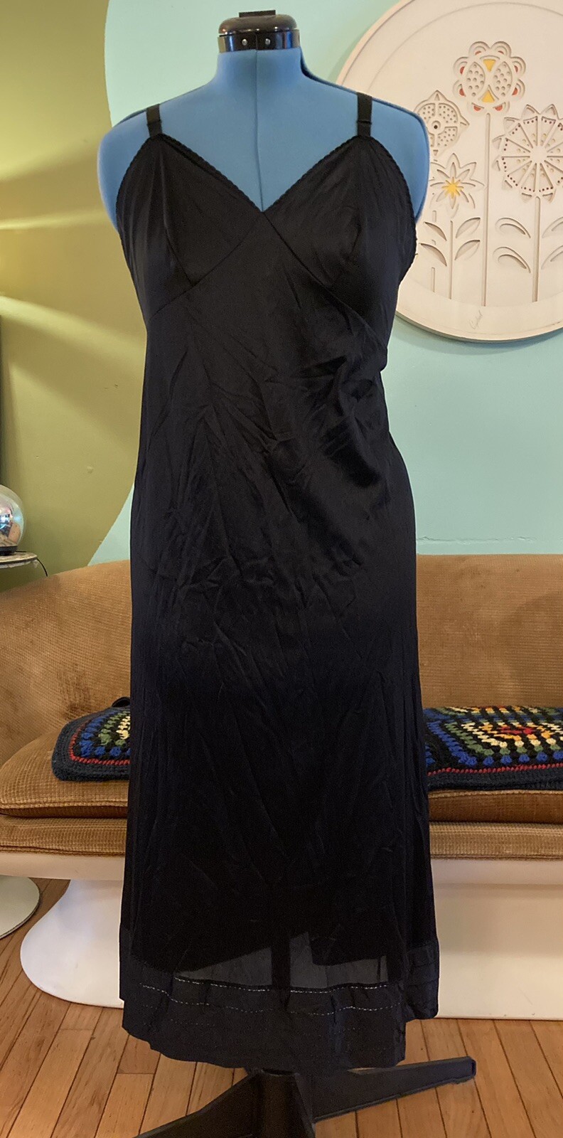Vintage Sans Souci MCM Black slinky slip dress nightgown Sz 48 Tall
