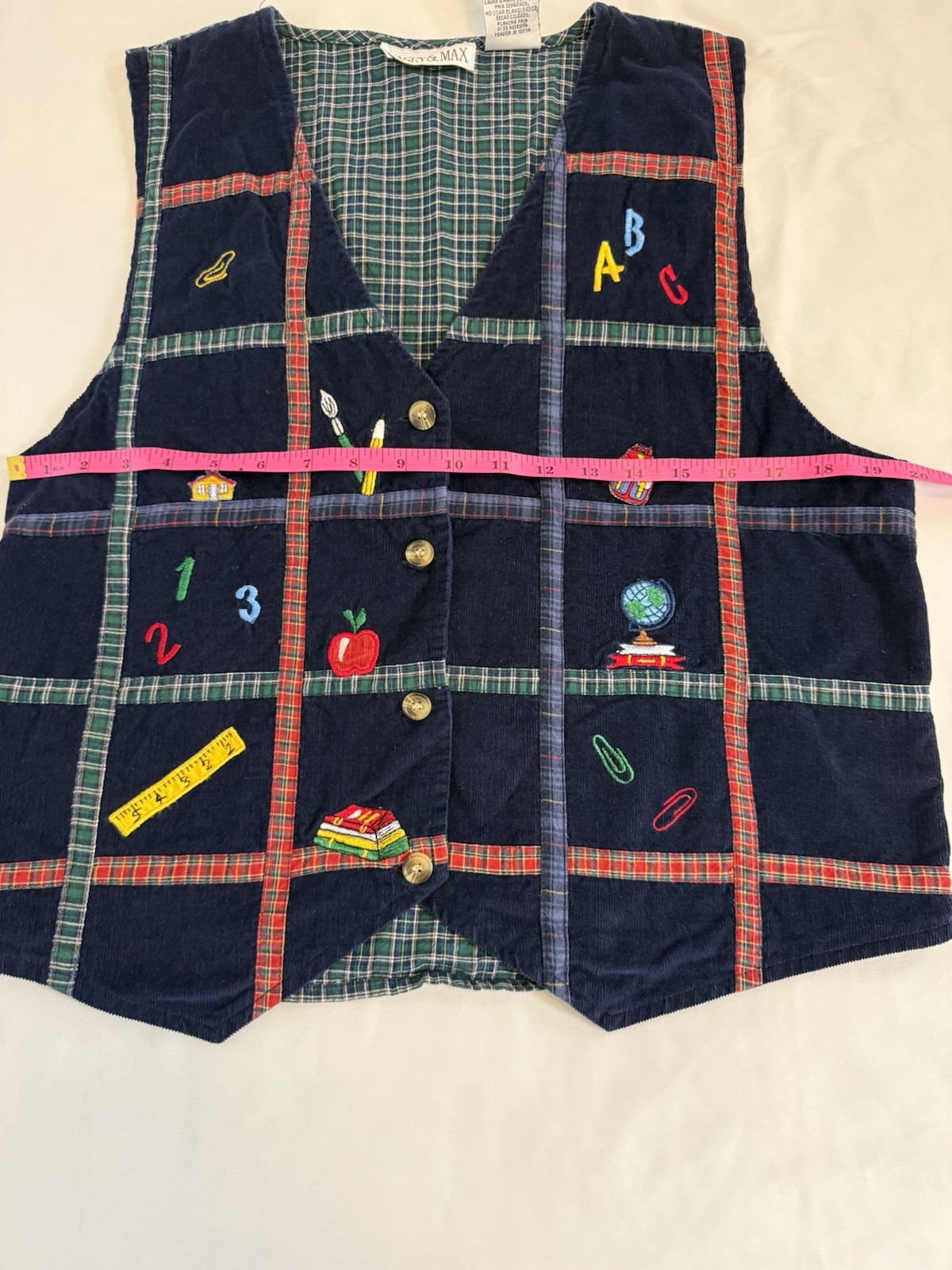 VTG 90s School Teacher Embroidered Plaid Detail Button Vest Pencils Apples Large