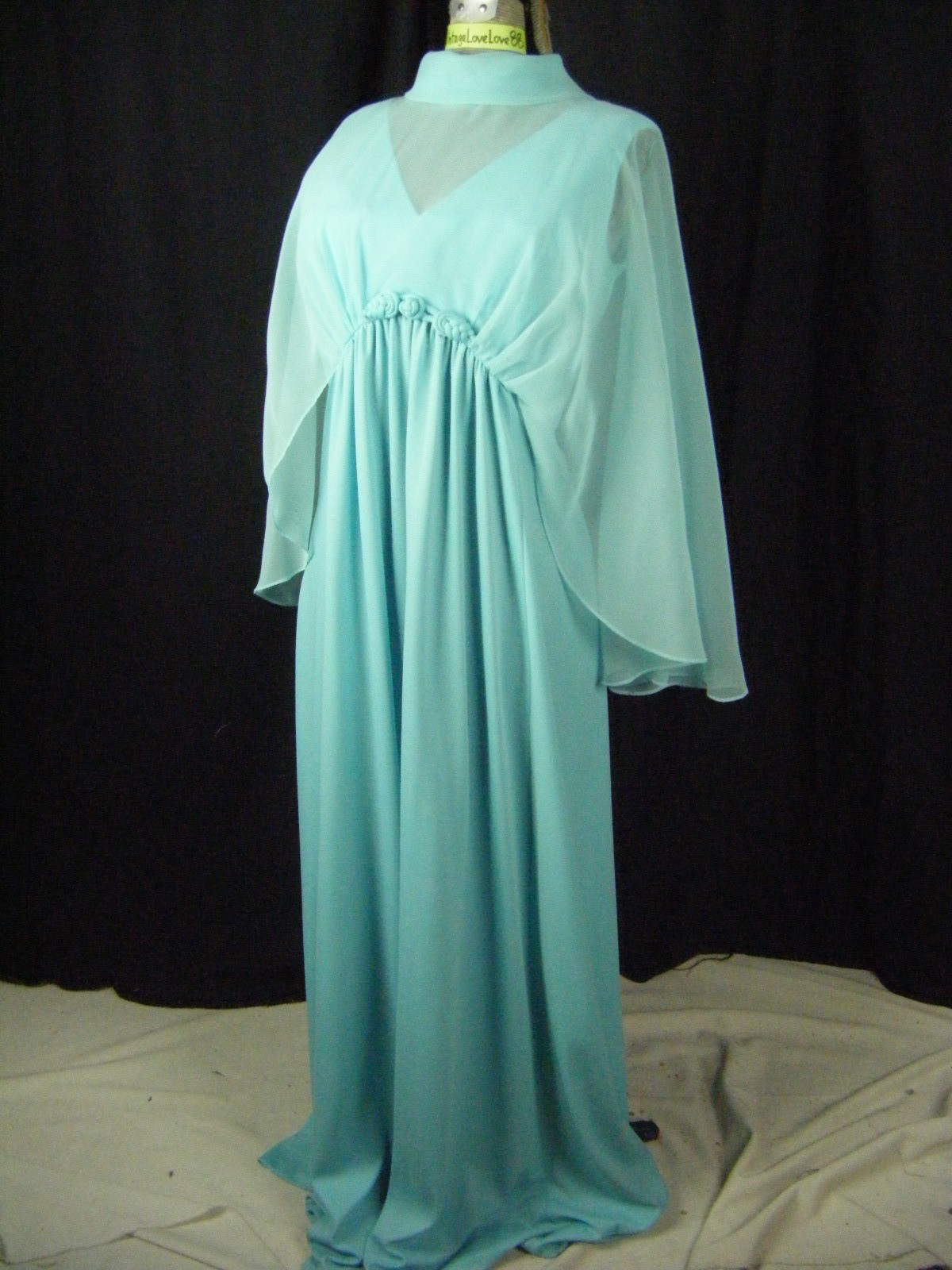 Vtg 60-70s Aqua Blue Sheer Cape Mod Knit Dress-Bust 37/XS-S