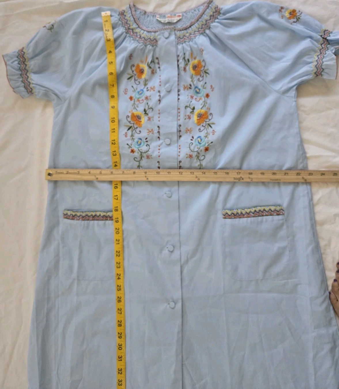 Vintage Peacock House Dress Blue Hand Embroidered Floral Smocked Pockets Size 38