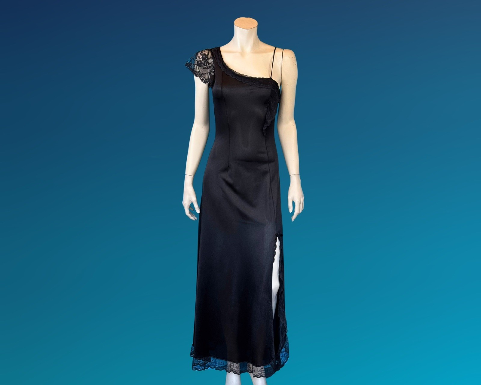90s Dark Romantic Asymmetrical Black Negligee Slip Dress Nightgown | XS