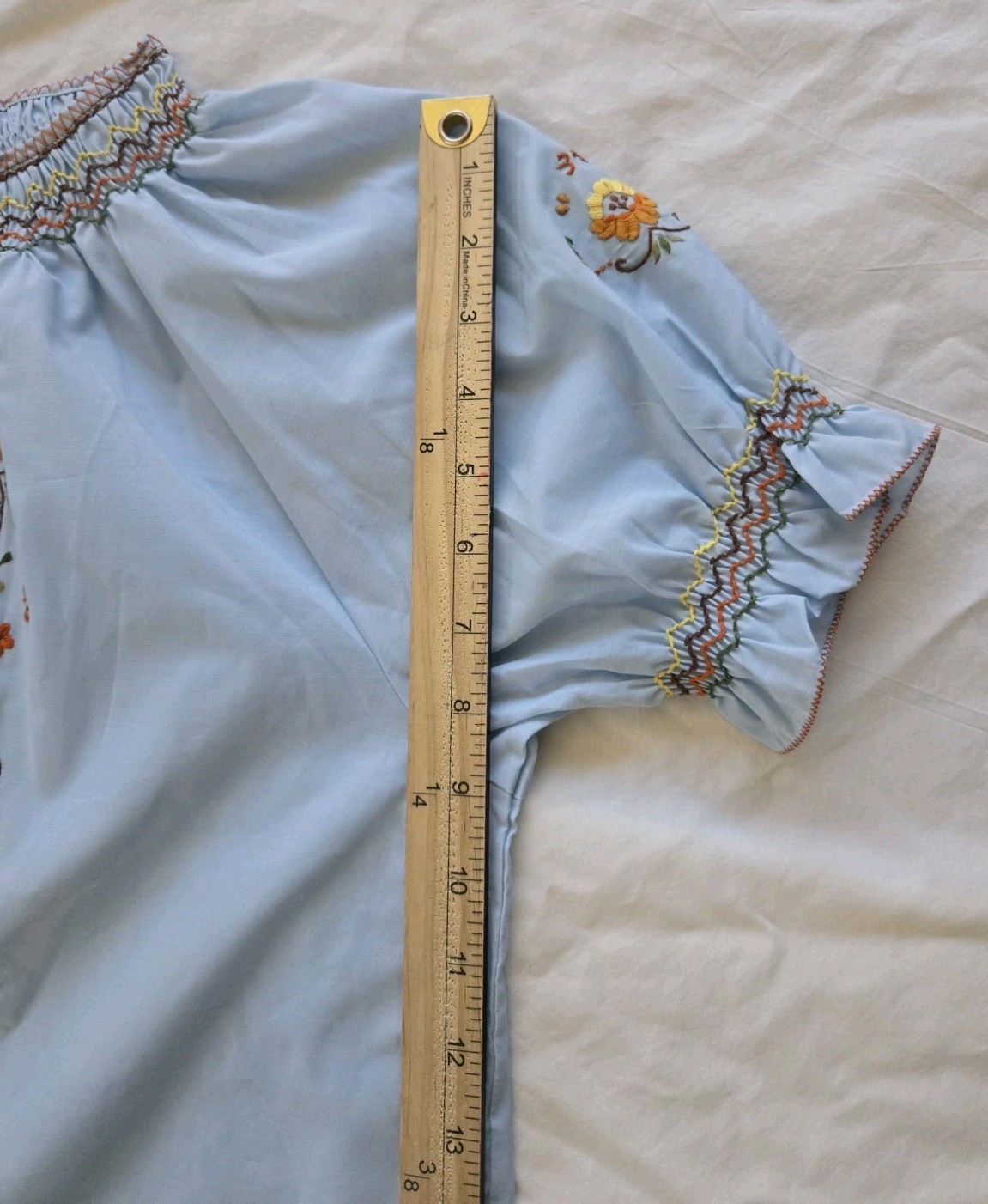 Vintage Peacock House Dress Blue Hand Embroidered Floral Smocked Pockets Size 38