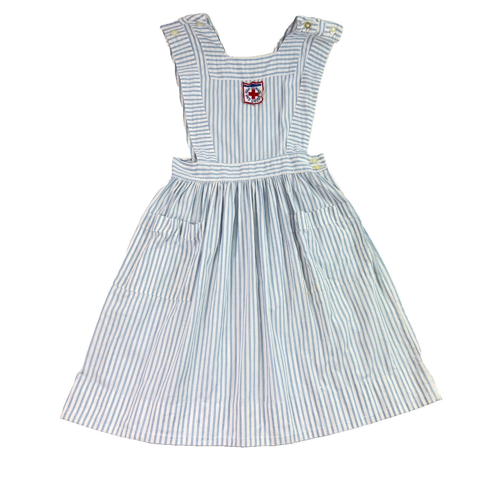 Vintage Red Cross Youth Uniform Pinafore Dress High School Candy Striper Blue S