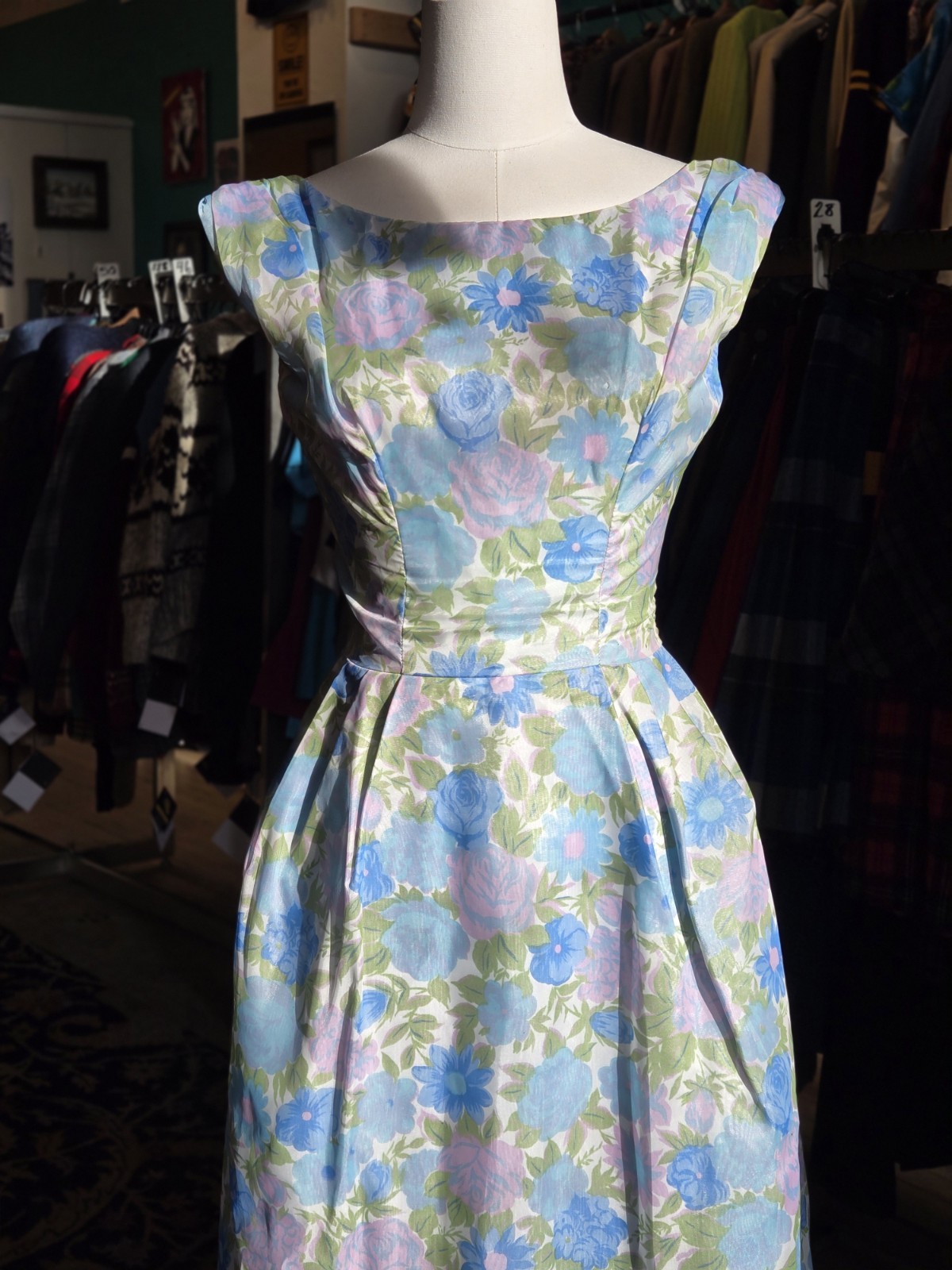 Vtg 1960s Lorrie Deb Pastel Blue Floral Rose Print Sleeveless Bubble Maxi Dress
