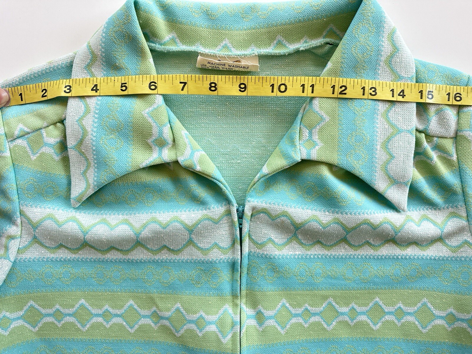 Vintage 70s Mod Shirt Dress Blue Green Stripe Belt Zip Knit Retro Diner Granny