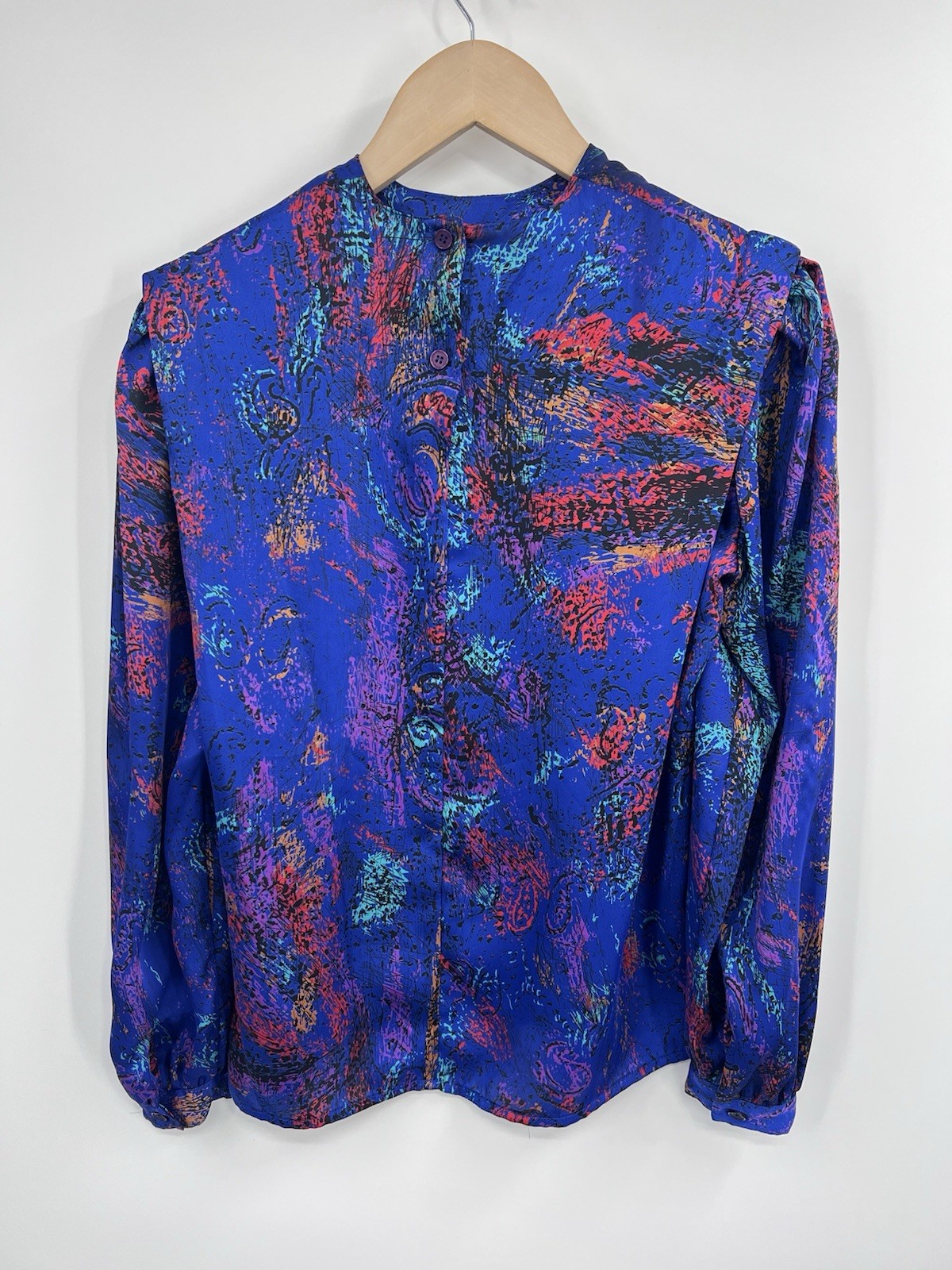 Vintage 80s Blue Multicolor Spatter Long Sleeve Structured Blouse Tess 2P
