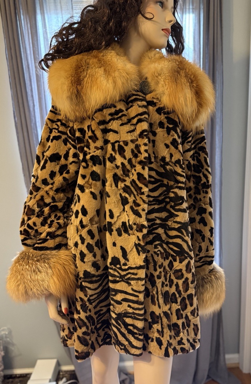 Birger Christensen Leopard Print Sheared Mink Fur Coat w/ Fox Collar & Cuffs M