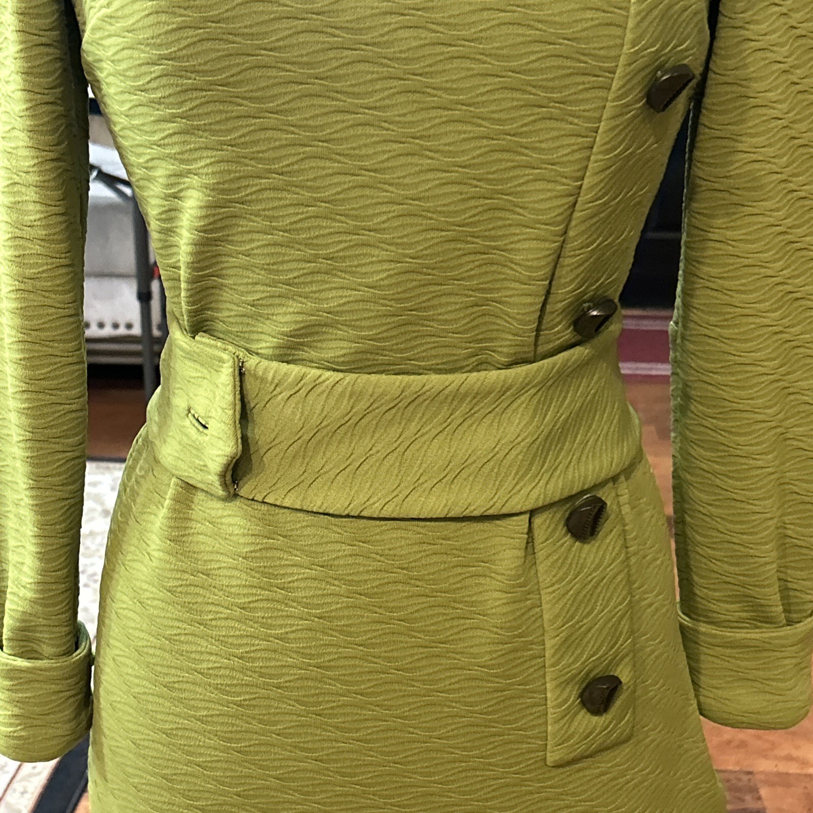 Vintage Retro Mod Dress 60s 70s Acacado Green Polyester Handmade Medium