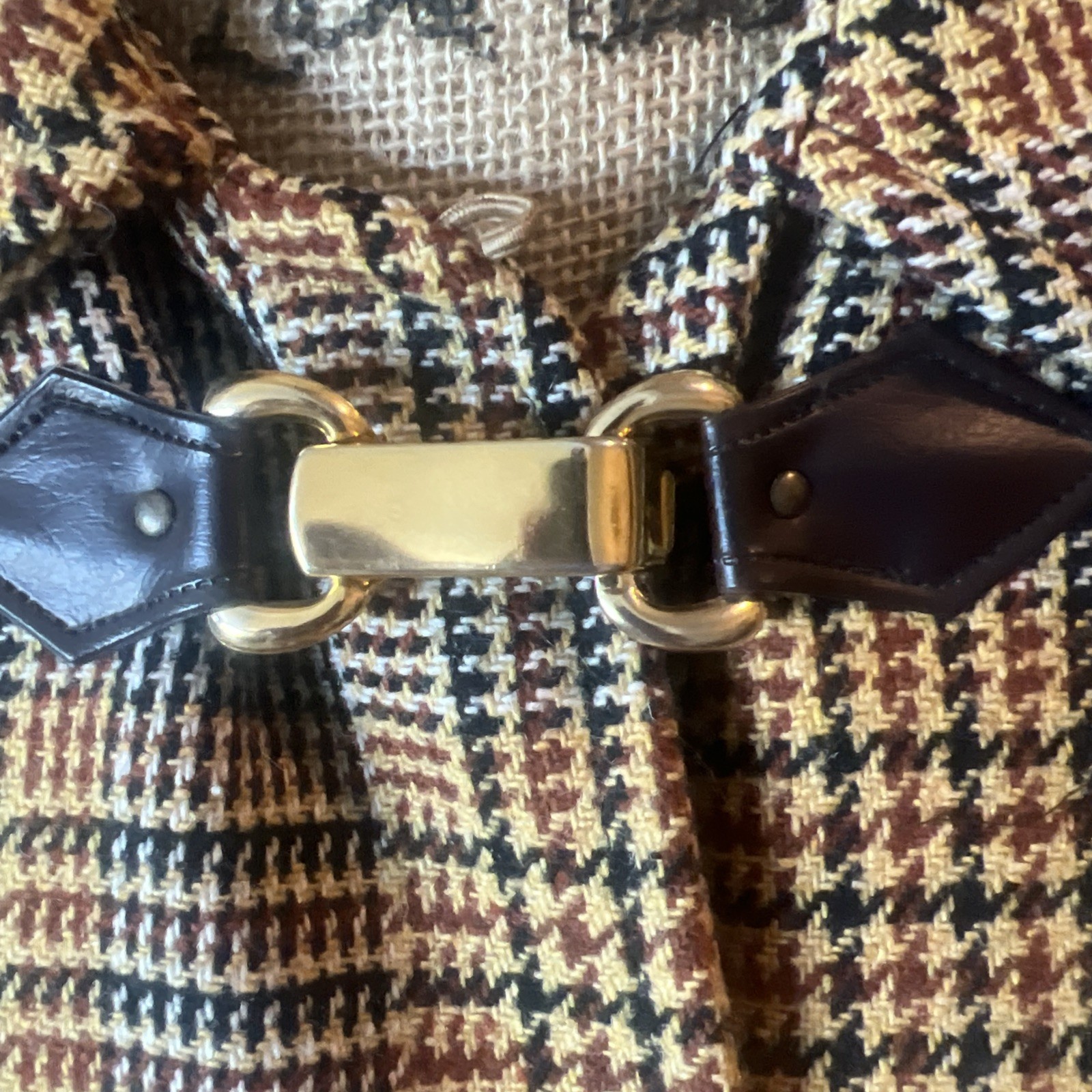 Vintage 1960s Wool Cape With Houndstooth Pattern and leather tab toggle…