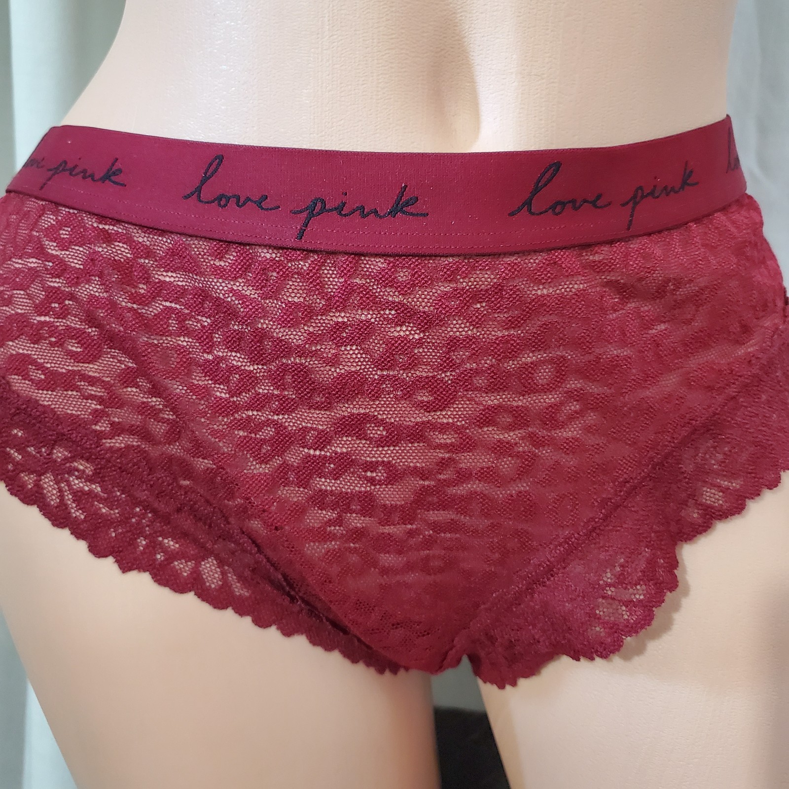 Victoria’s Secret PINK Burgundy Lace Hipster Panty Love Pink Logo Waistband XL